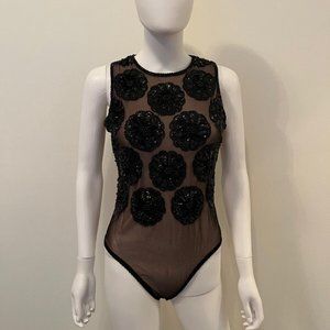 Oleg Cassini Black Tie Vintage Sequin Rosette Bodysuit